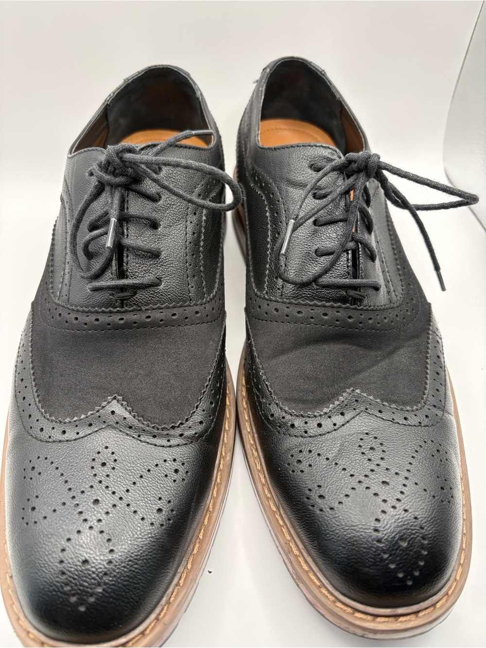 Taft Black Leather & Suede Wingtip Derbys, Alfred Style
